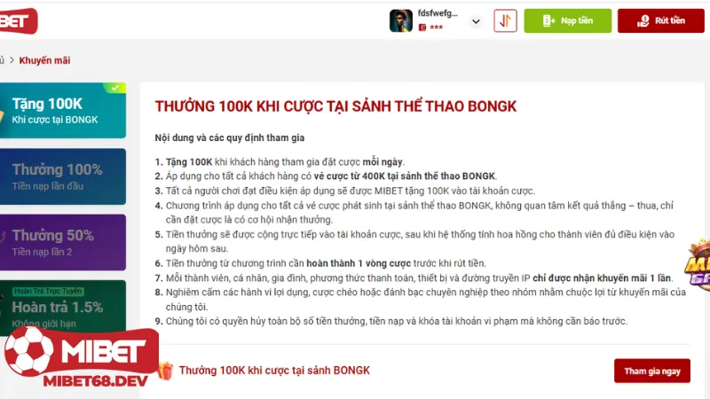 Khuyến mãi Mibet 2 Khuyến mãi Mibet hoàn trả không giới hạn