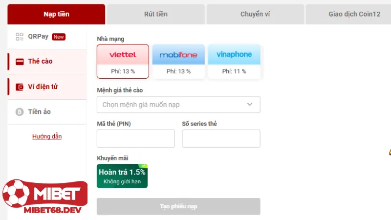 Nạp tiền Mibet 3 Nạp Tiền Mibet Qua Thẻ Cào Điện Thoại