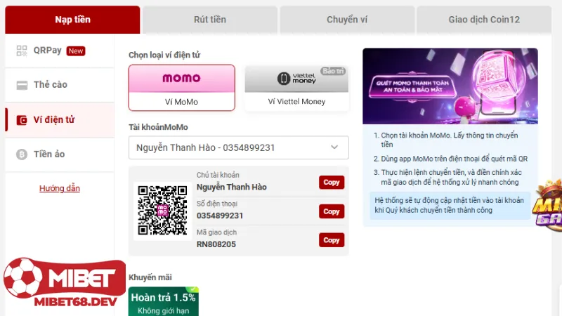 Nạp tiền Mibet 2 Nạp Tiền Mibet: Nạp Nhanh Chóng Qua Ngân Hàng